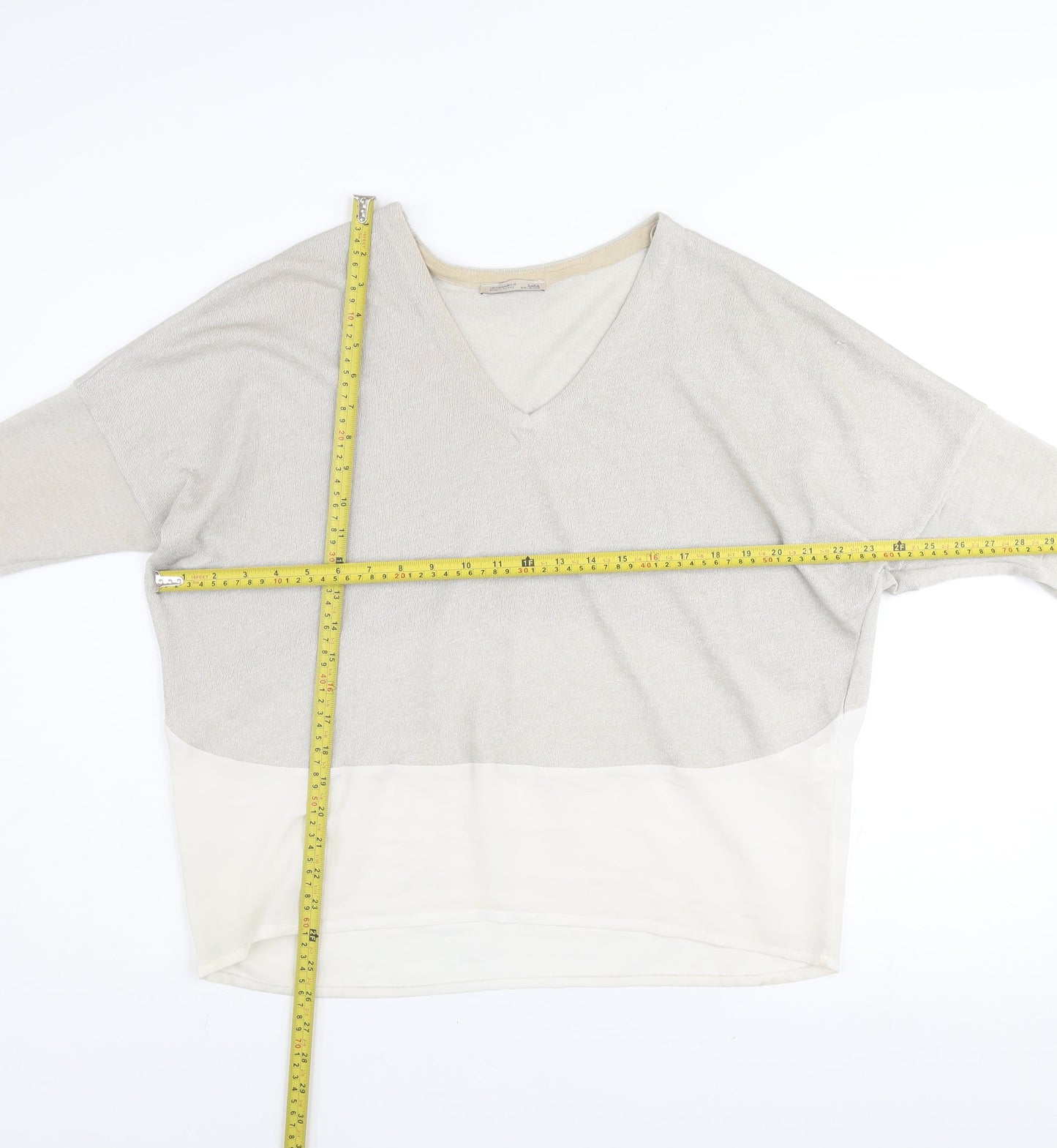 Zara Women Beige V-Neck Relaxed Knit Pullover Jumper Size M