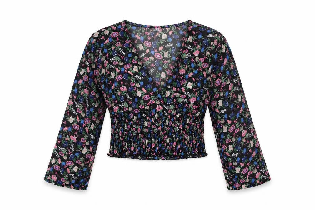 Miss Selfridge Womens Multicoloured Floral Long Sleeve V-Neck Cropped Blouse UK 10