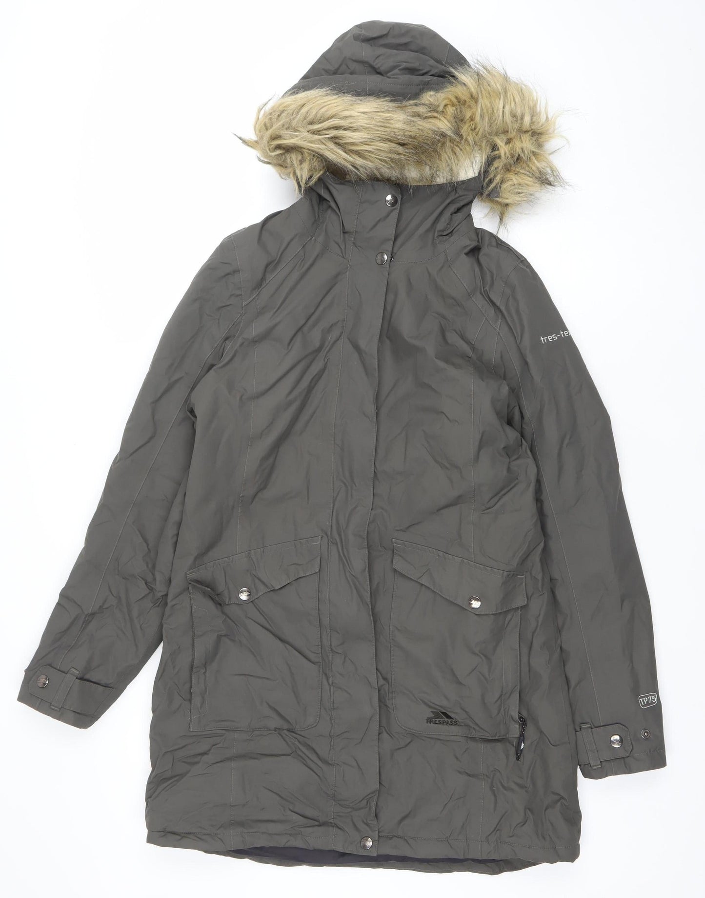 Trespass Womens Grey Faux Fur Hooded Waterproof Parka Coat Size 10
