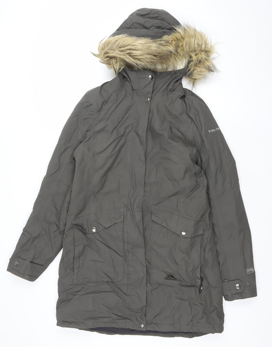 Trespass Womens Grey Faux Fur Hooded Waterproof Parka Coat Size 10
