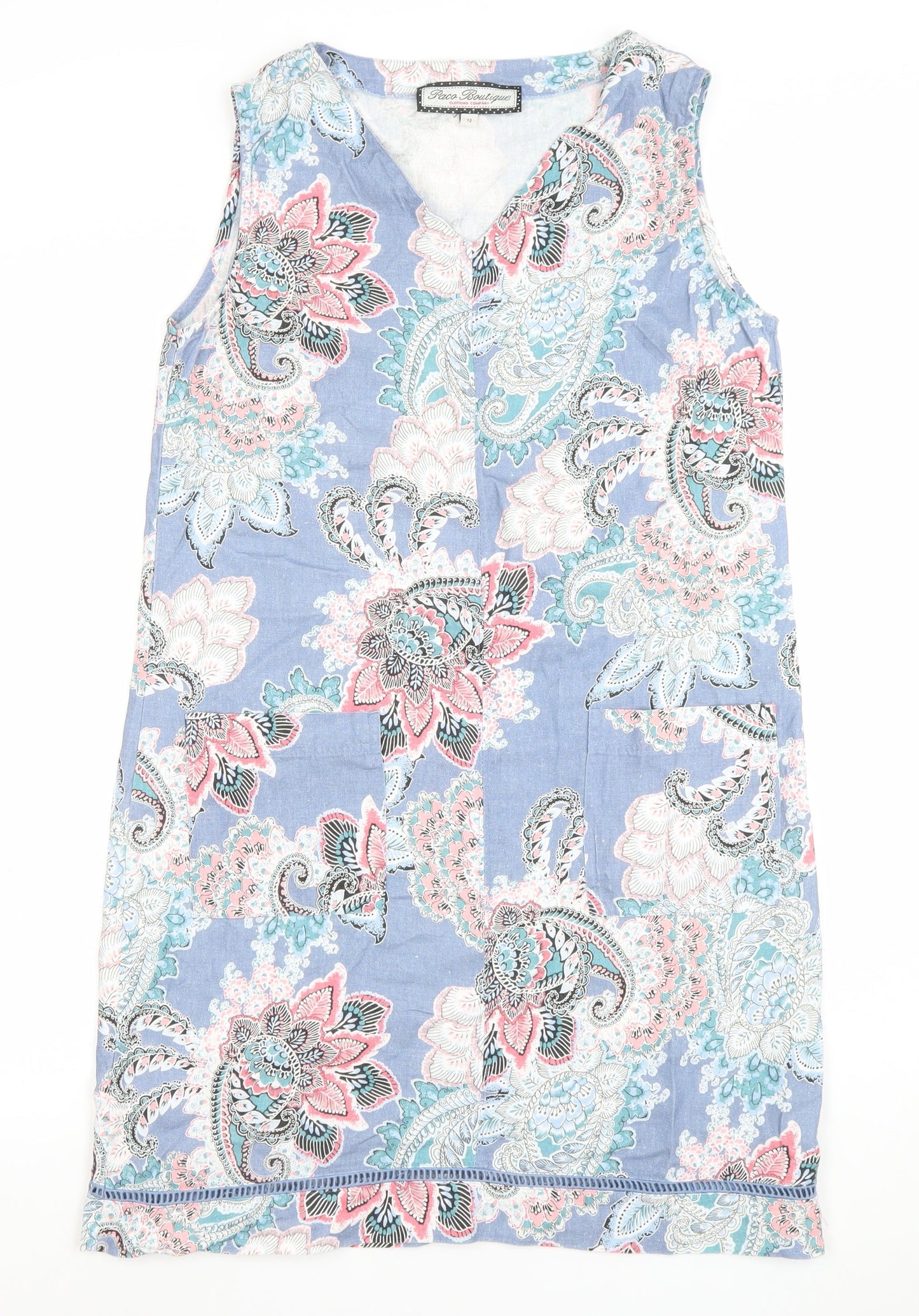 Paco Boutique Women Blue Paisley Linen Cotton Sleeveless Shift Dress Size 12