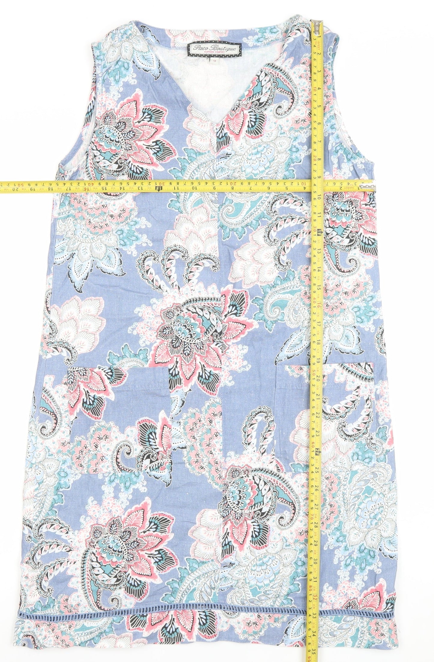 Paco Boutique Women Blue Paisley Linen Cotton Sleeveless Shift Dress Size 12