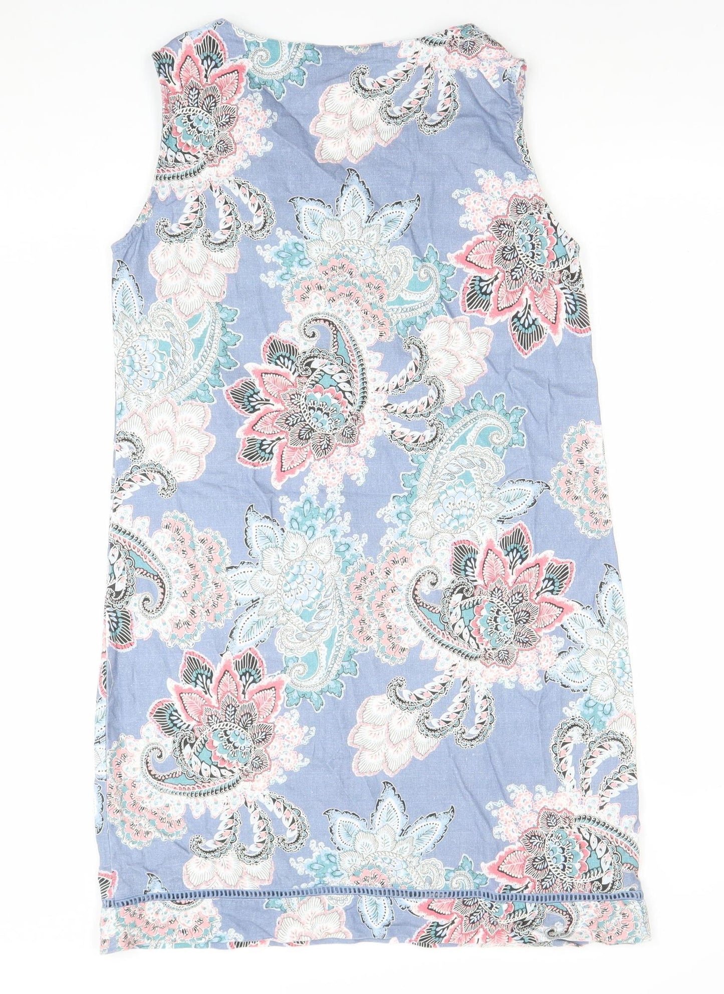 Paco Boutique Women Blue Paisley Linen Cotton Sleeveless Shift Dress Size 12