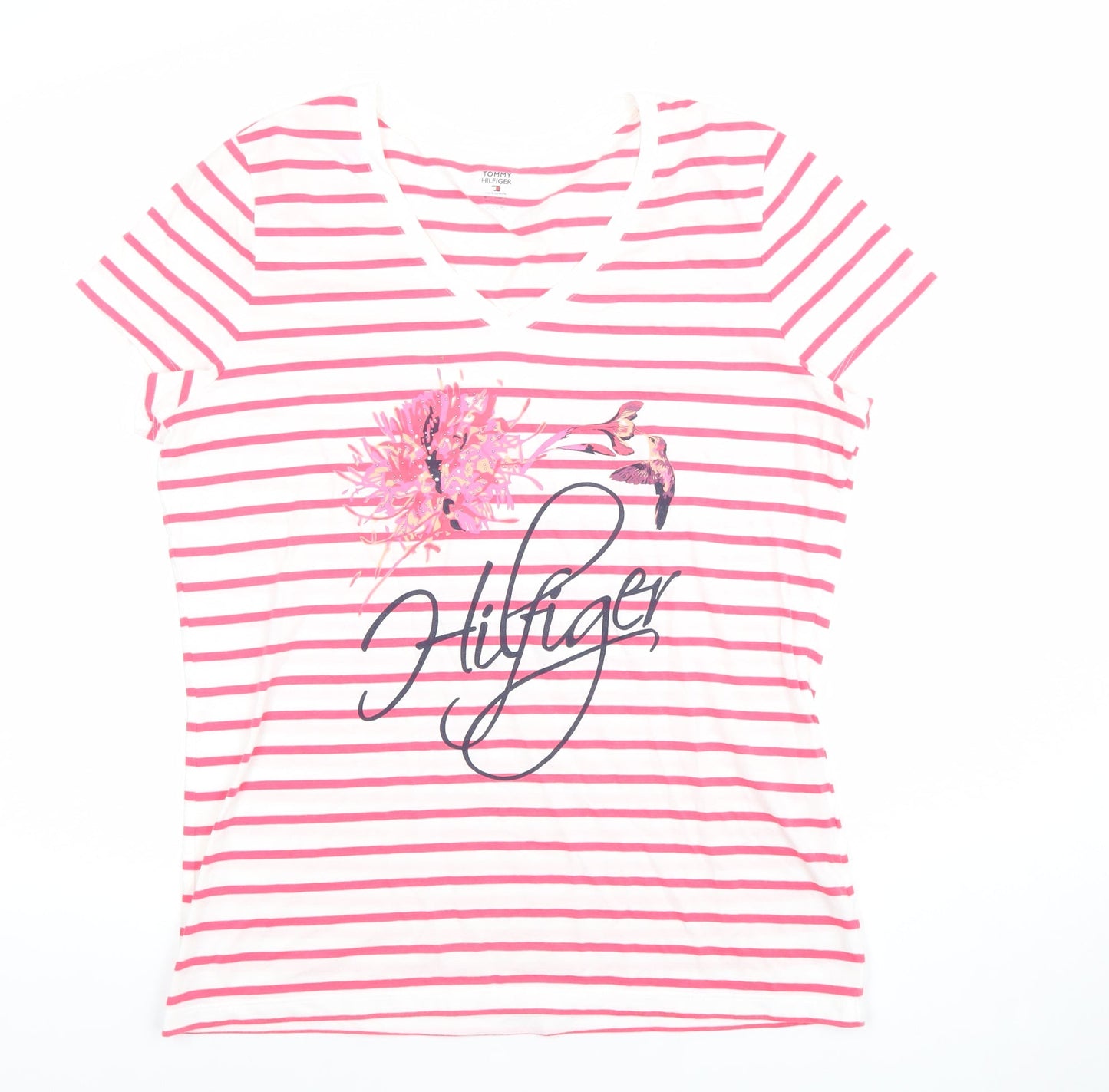 Tommy Hilfiger Womens Pink Striped V-Neck Cotton T-Shirt Size M