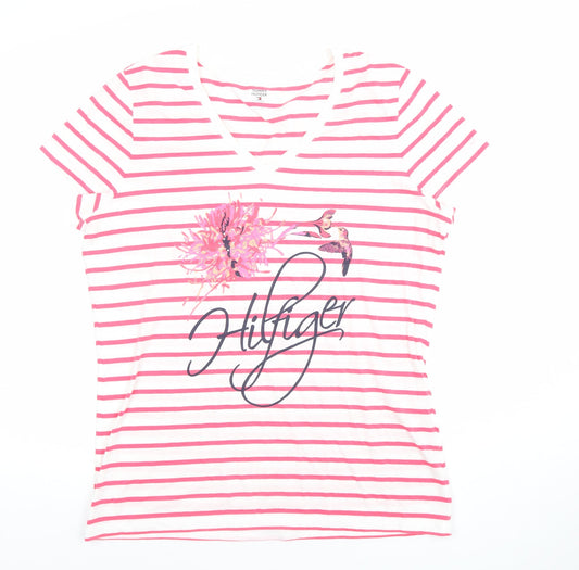 Tommy Hilfiger Womens Pink Striped V-Neck Cotton T-Shirt Size M