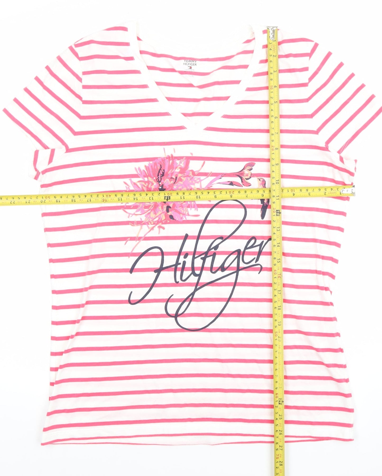 Tommy Hilfiger Womens Pink Striped V-Neck Cotton T-Shirt Size M