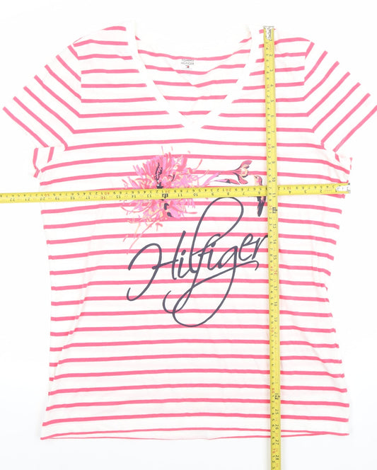 Tommy Hilfiger Womens Pink Striped V-Neck Cotton T-Shirt Size M