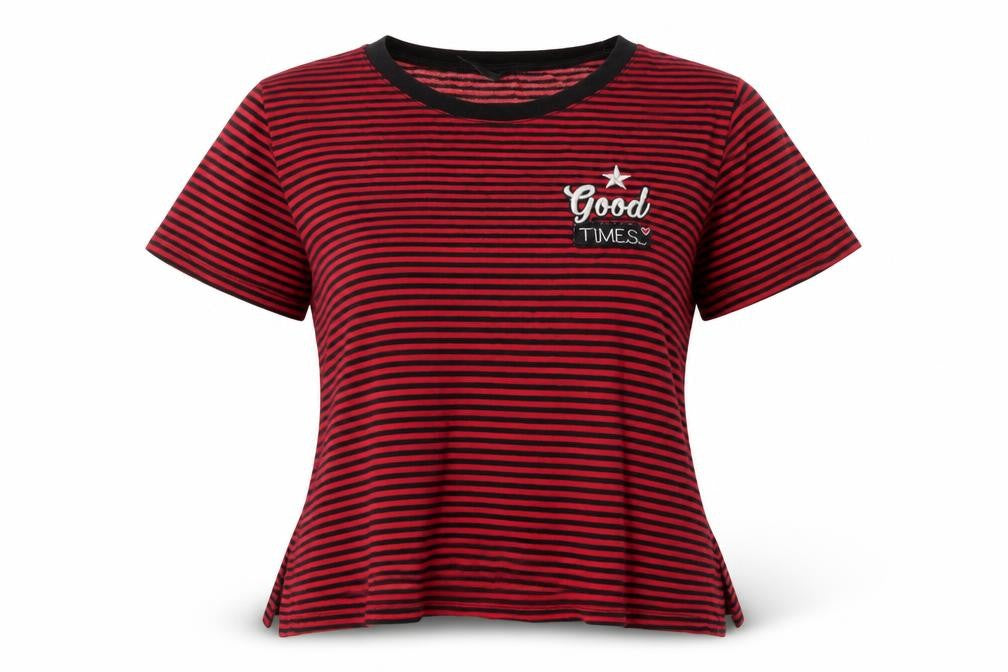 Stradivarius Women's Red Striped Embroidered T-Shirt Size L