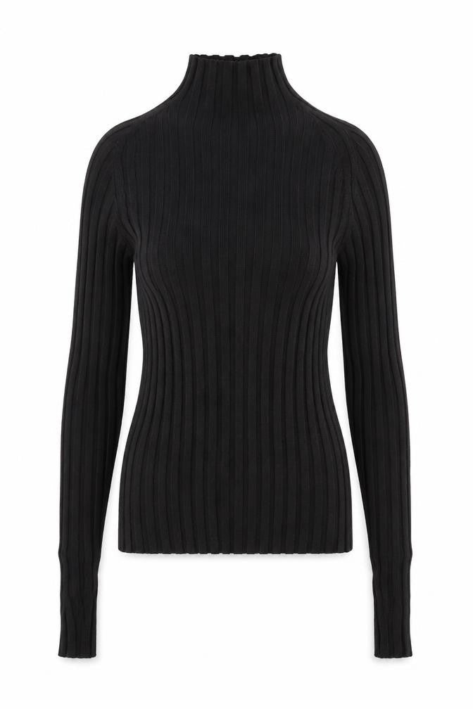 MNG Women's Black Slim Fit Ribbed Knit Mock Neck Long Sleeve Top S