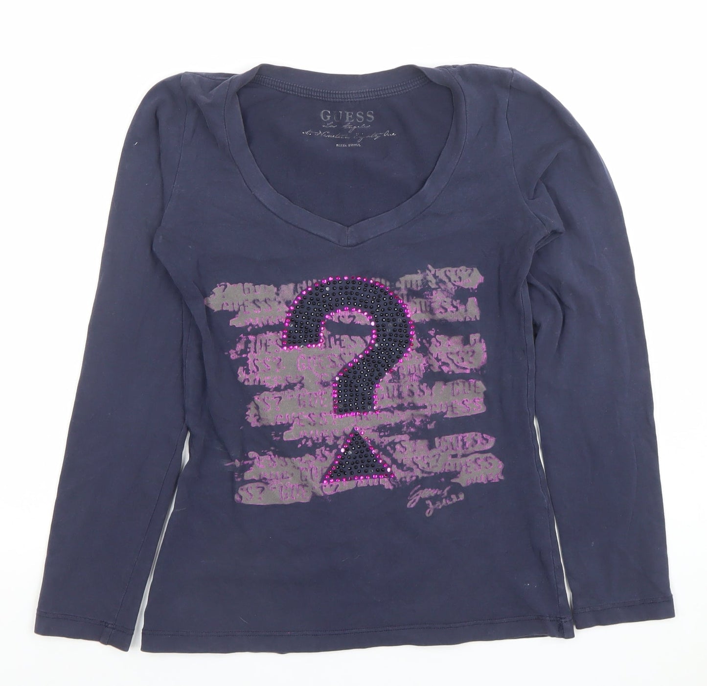 Guess Womens Blue Rhinestone V-Neck Long Sleeve Cotton T-Shirt Size S