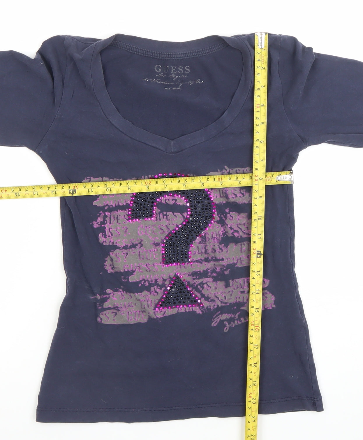 Guess Womens Blue Rhinestone V-Neck Long Sleeve Cotton T-Shirt Size S