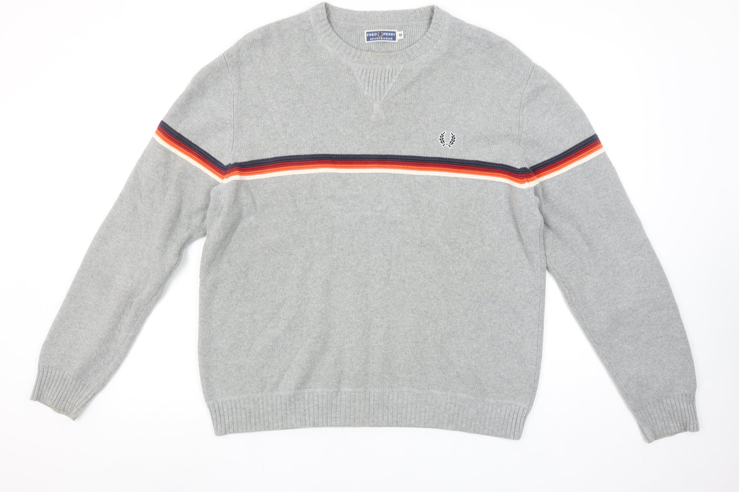 Fred Perry Men's Grey Cotton V-Neck Striped Pullover Jumper M