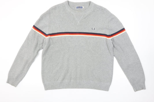 Fred Perry Men's Grey Cotton V-Neck Striped Pullover Jumper M