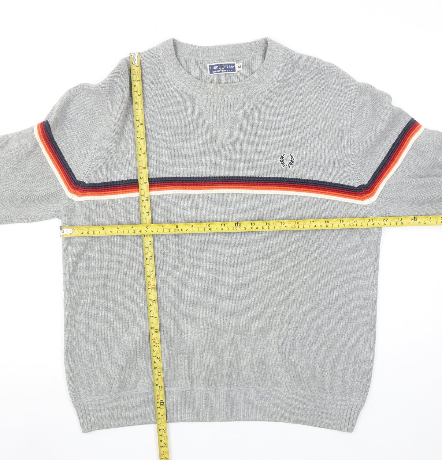 Fred Perry Men's Grey Cotton V-Neck Striped Pullover Jumper M