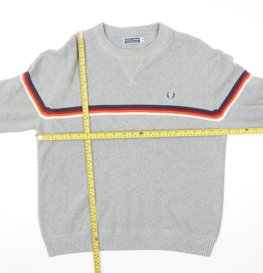 Fred Perry Men's Grey Cotton V-Neck Striped Pullover Jumper M