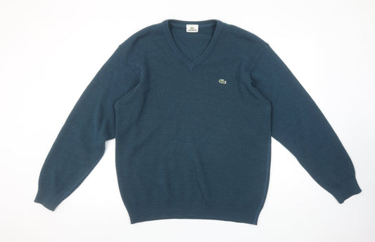Lacoste Men Blue Wool Blend V-Neck Jumper Size M