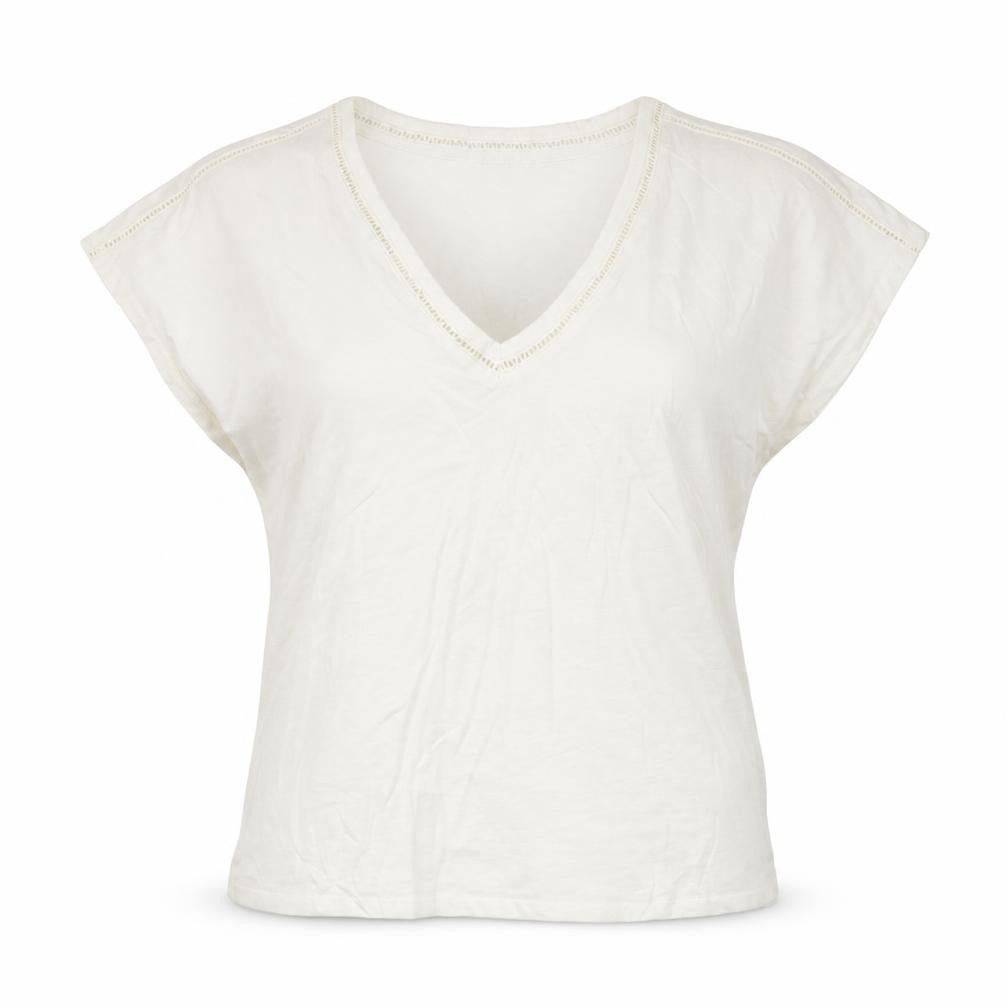 Springfield Women Ivory V-Neck Crochet Trim Cotton T-Shirt Size S