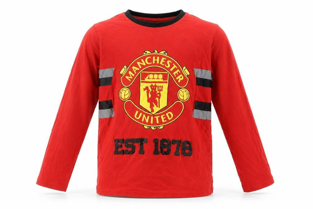 Front view of Manchester United boys’ red long sleeve pyjama top 6-7 years cotton sportswear