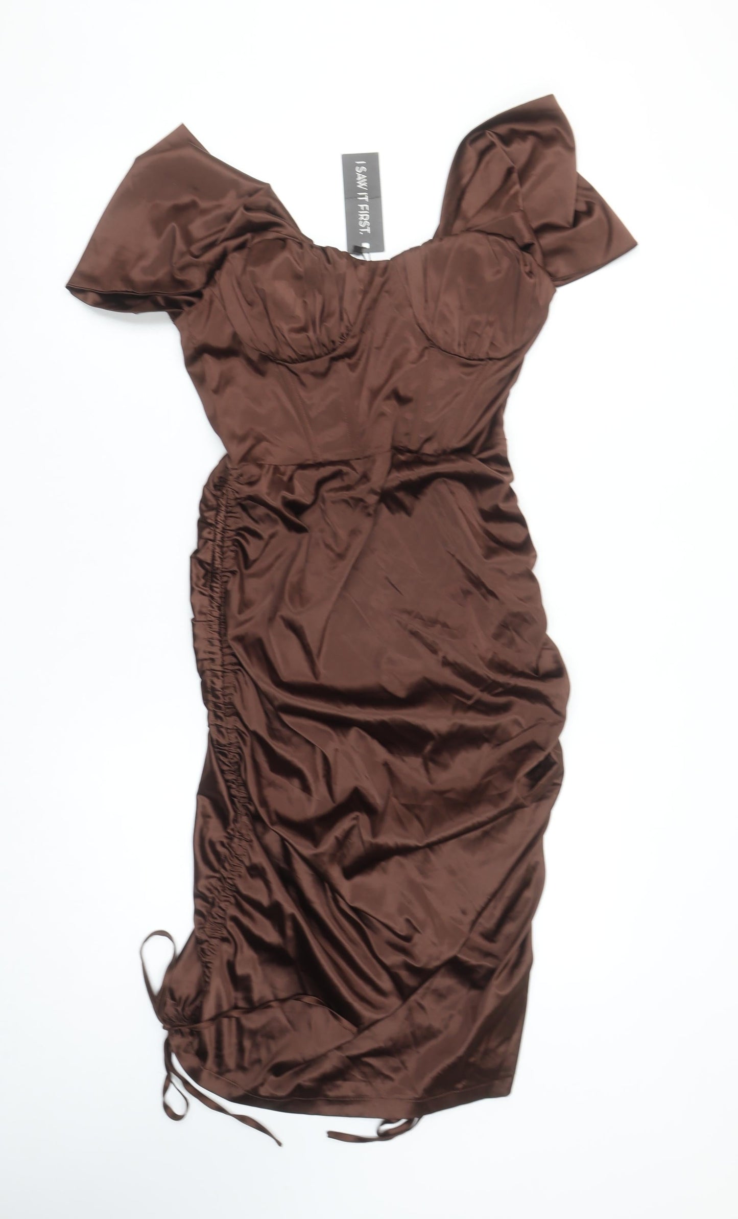 I Saw It First Women’s Brown Midi Bodycon Ruched Puff Sleeve Dress Size 12