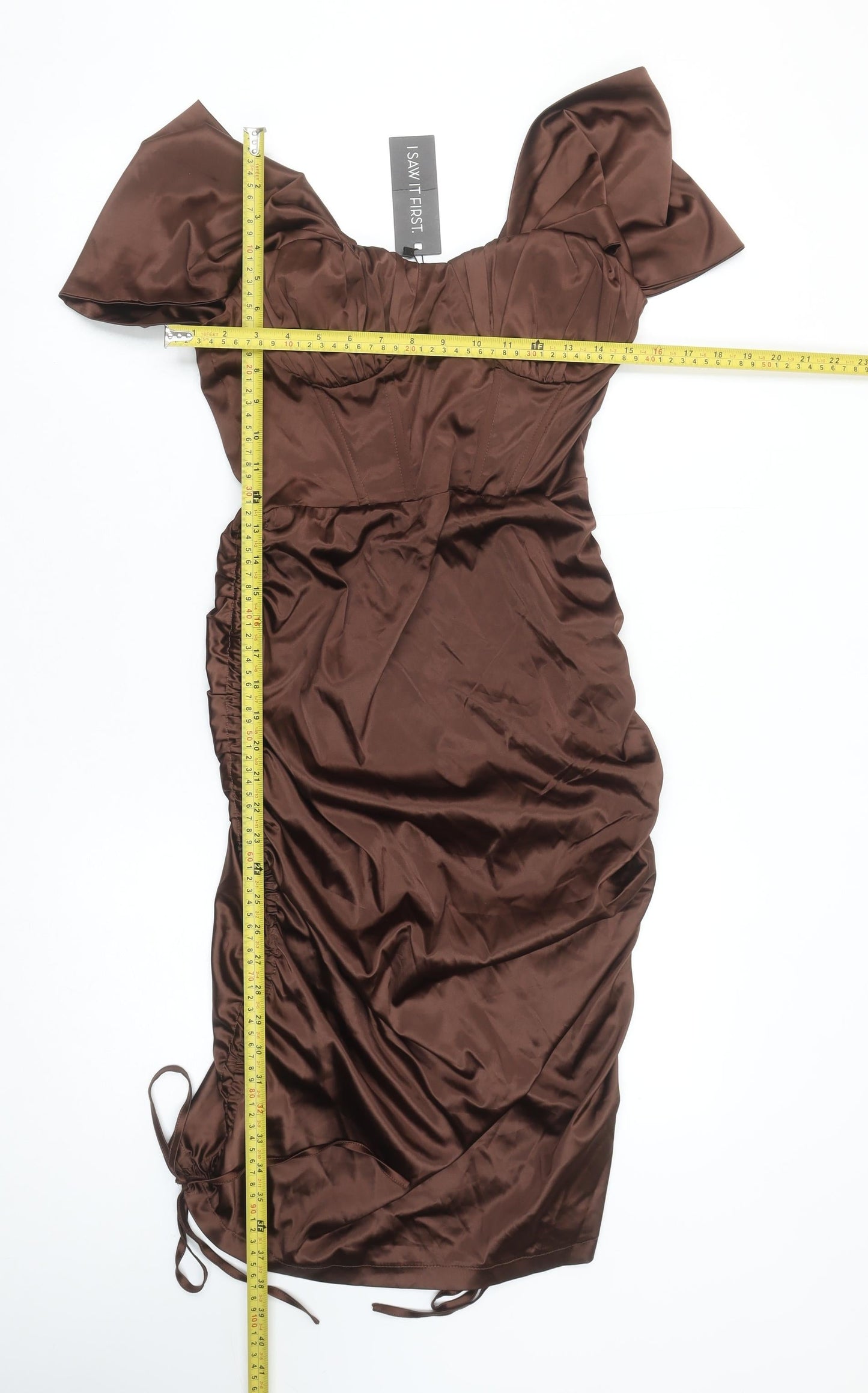 I Saw It First Women’s Brown Midi Bodycon Ruched Puff Sleeve Dress Size 12