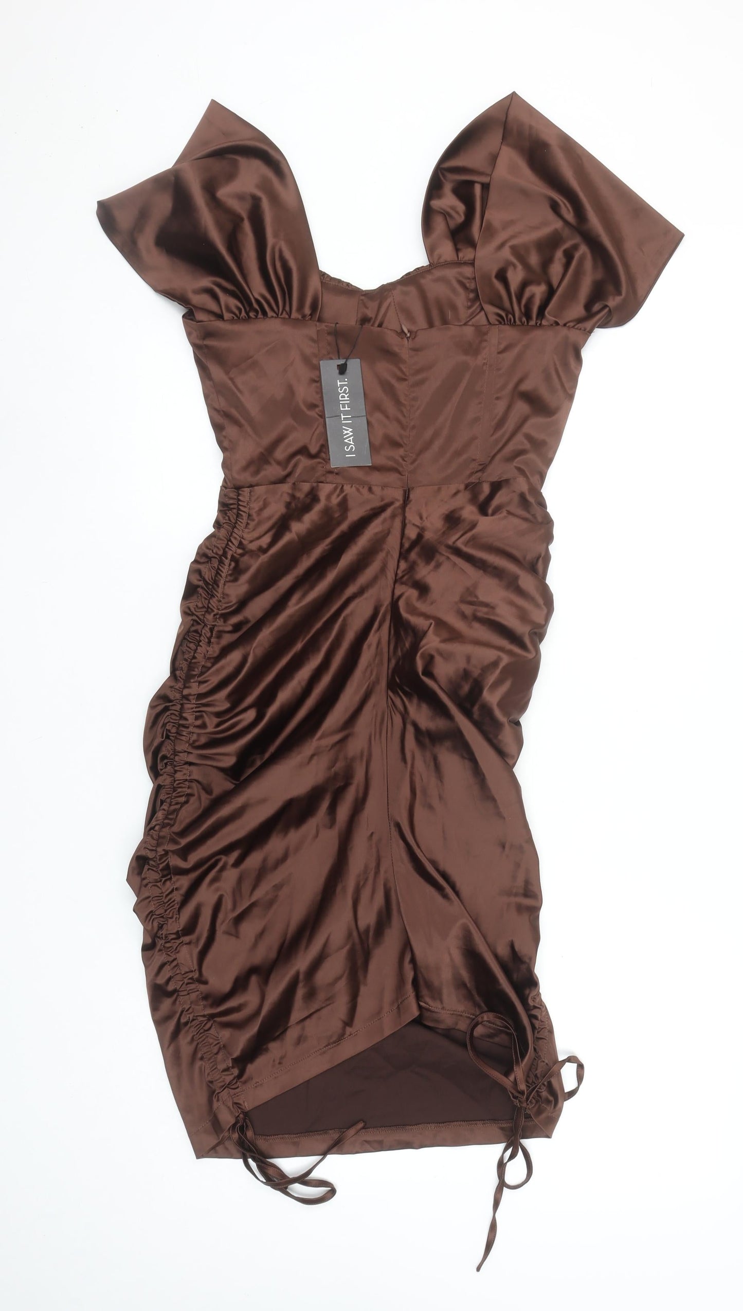 I Saw It First Women’s Brown Midi Bodycon Ruched Puff Sleeve Dress Size 12