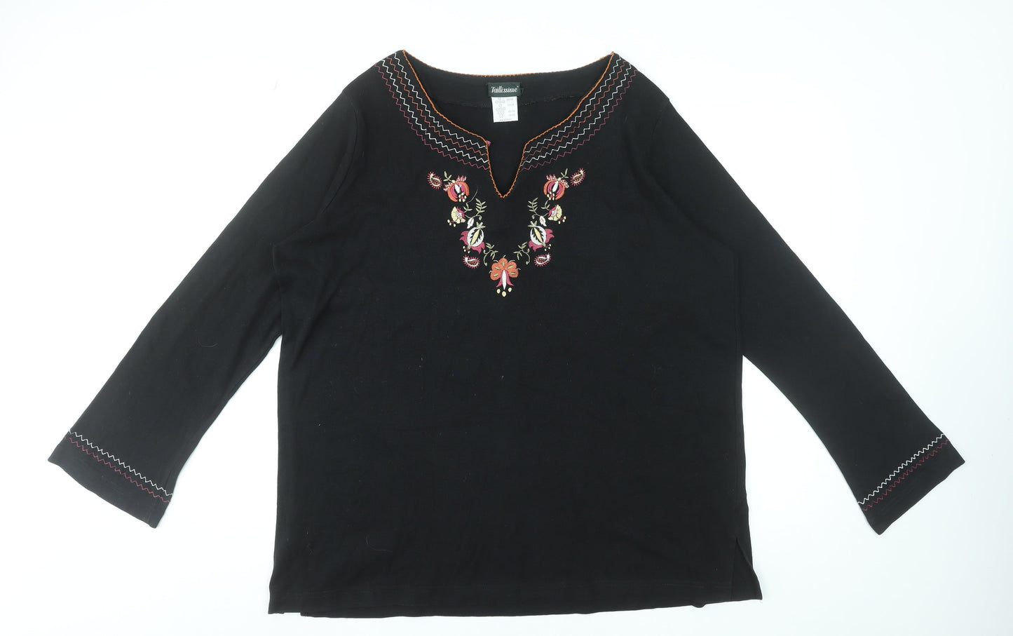Taillissime Women's Black Floral Embroidered Cotton Tunic Blouse UK 22/24
