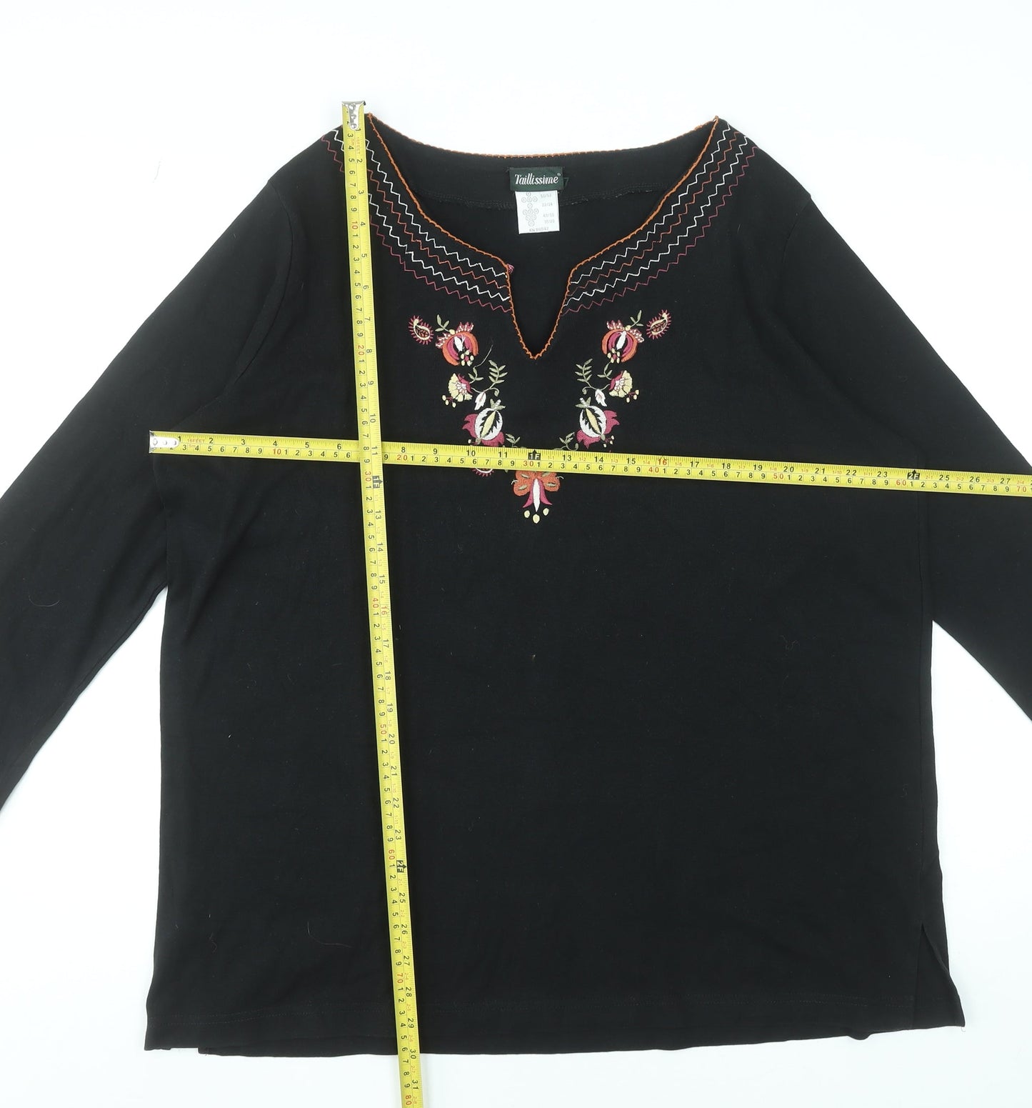 Taillissime Women's Black Floral Embroidered Cotton Tunic Blouse UK 22/24