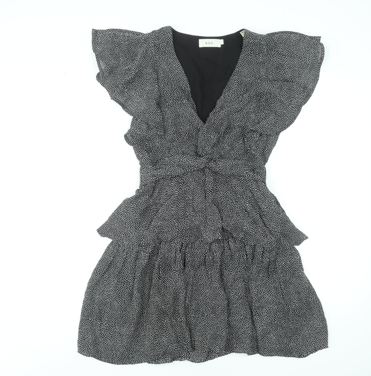 A.L.C. Women's Black White Polka Dot Silk Short Ruffle Dress Size 8