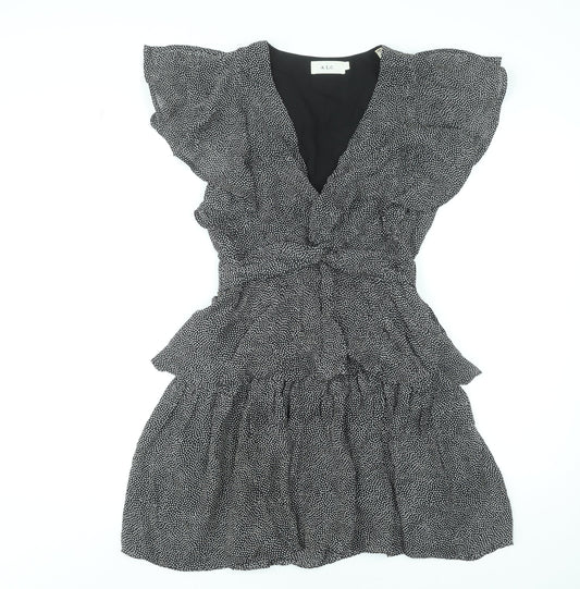 A.L.C. Women's Black White Polka Dot Silk Short Ruffle Dress Size 8