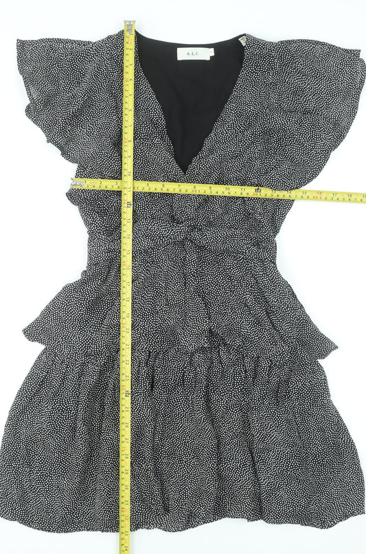 A.L.C. Women's Black White Polka Dot Silk Short Ruffle Dress Size 8