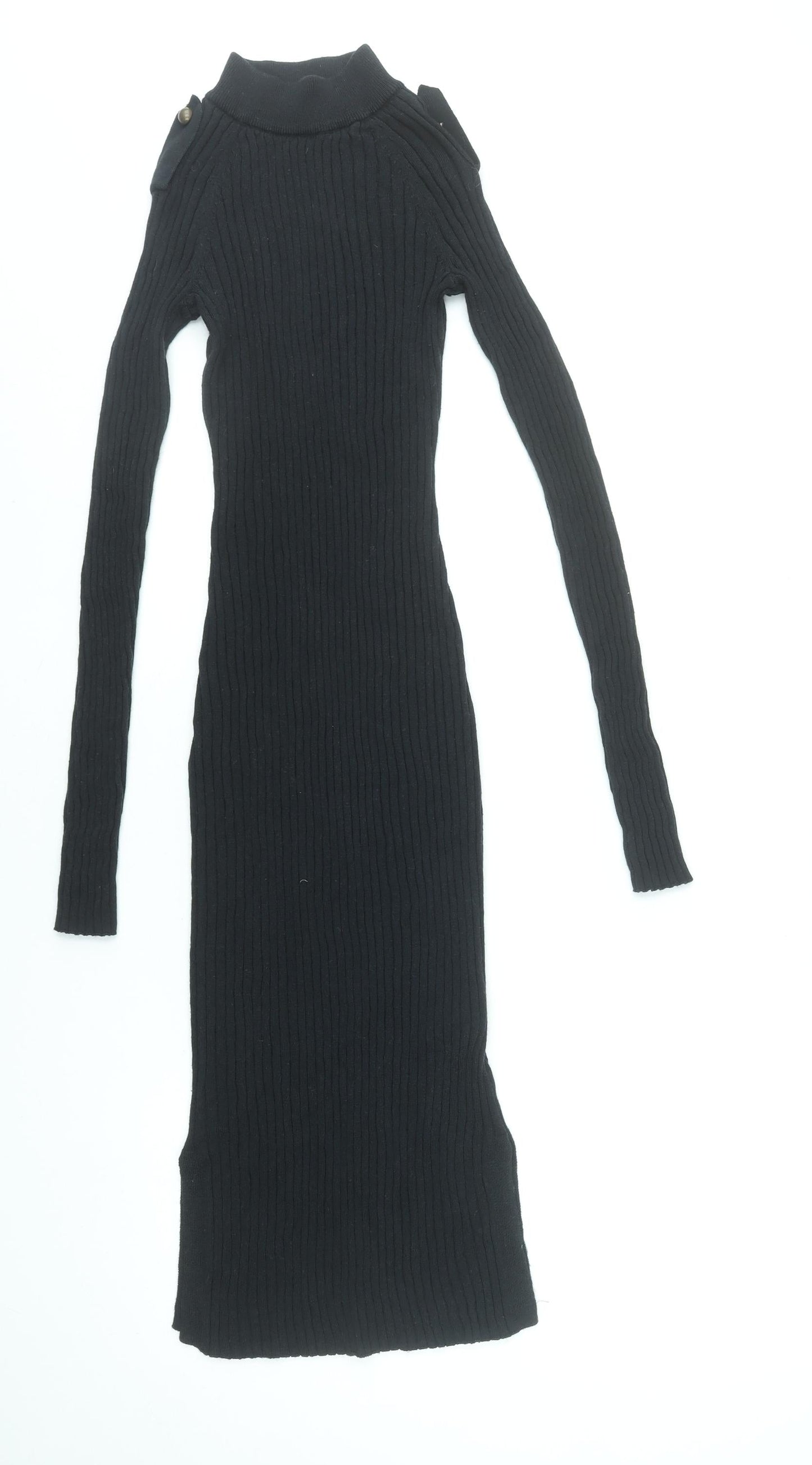H&M Women Black XS Ribbed Knit Bodycon Midi Dress Long Sleeve L.O.G.G.
