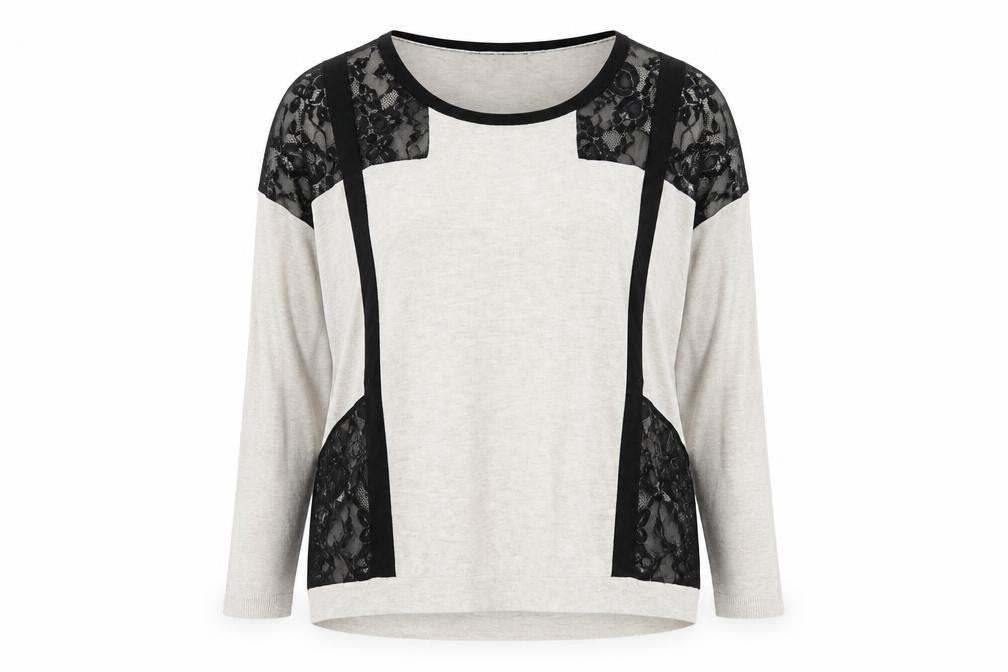 Warehouse Womens Beige Black Lace Panel Long Sleeve Jersey Top Size 14