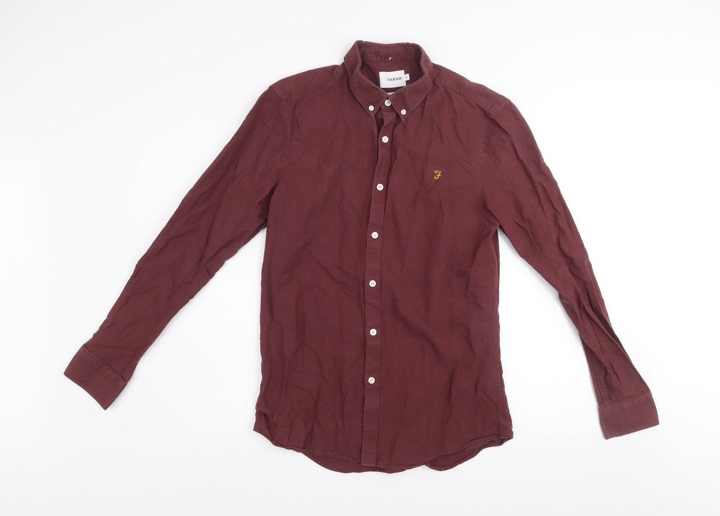 Farah Men's Burgundy Slim Fit Button-Up Cotton Long Sleeve Shirt M