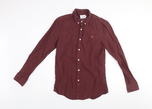 Farah Men's Burgundy Slim Fit Button-Up Cotton Long Sleeve Shirt M
