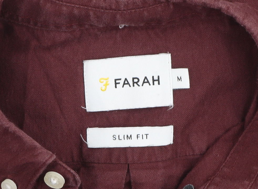 Farah Men's Burgundy Slim Fit Button-Up Cotton Long Sleeve Shirt M
