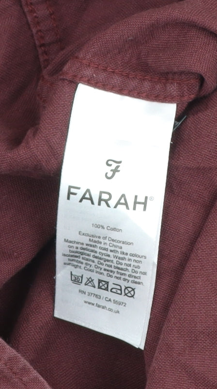 Farah Men's Burgundy Slim Fit Button-Up Cotton Long Sleeve Shirt M