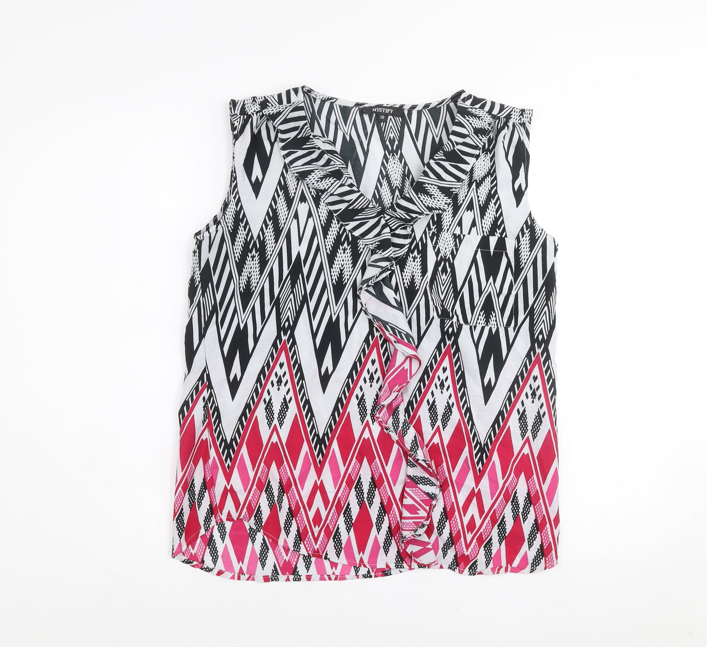 Mystify Women's Multicoloured Tribal Ruffle V-Neck Tunic Blouse Size 10