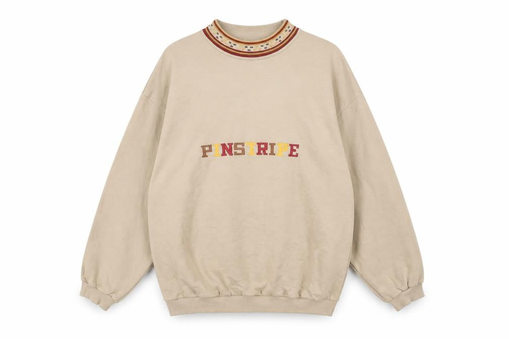 Pinstripe Men's Beige Cotton Embroidered Retro Sweatshirt One Size