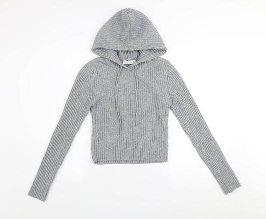 Stradivarius Womens Grey Ribbed Knit Pullover Hoodie Size S