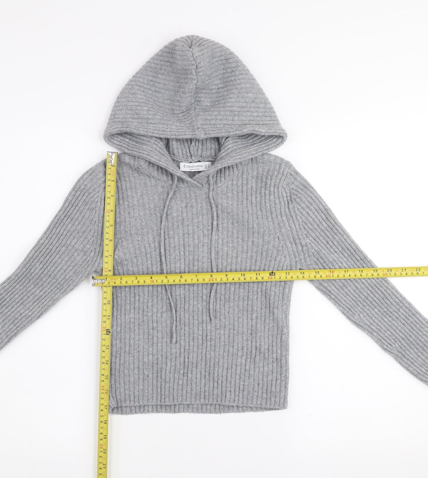 Stradivarius Womens Grey Ribbed Knit Pullover Hoodie Size S