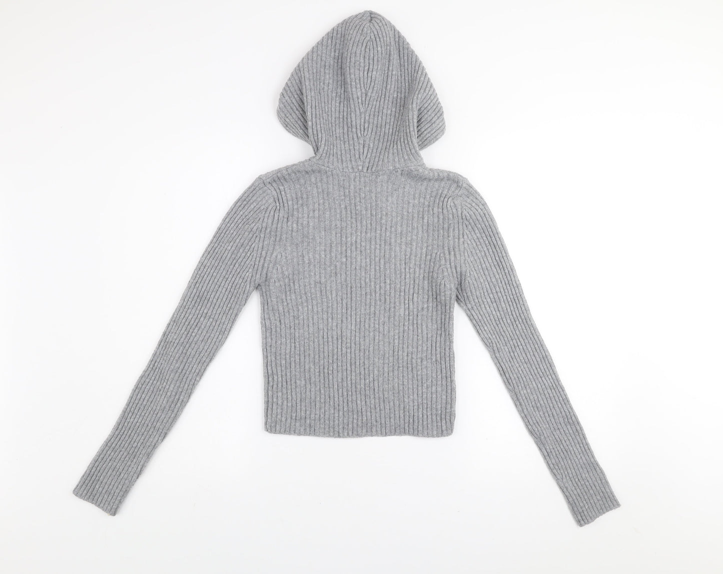 Stradivarius Womens Grey Ribbed Knit Pullover Hoodie Size S
