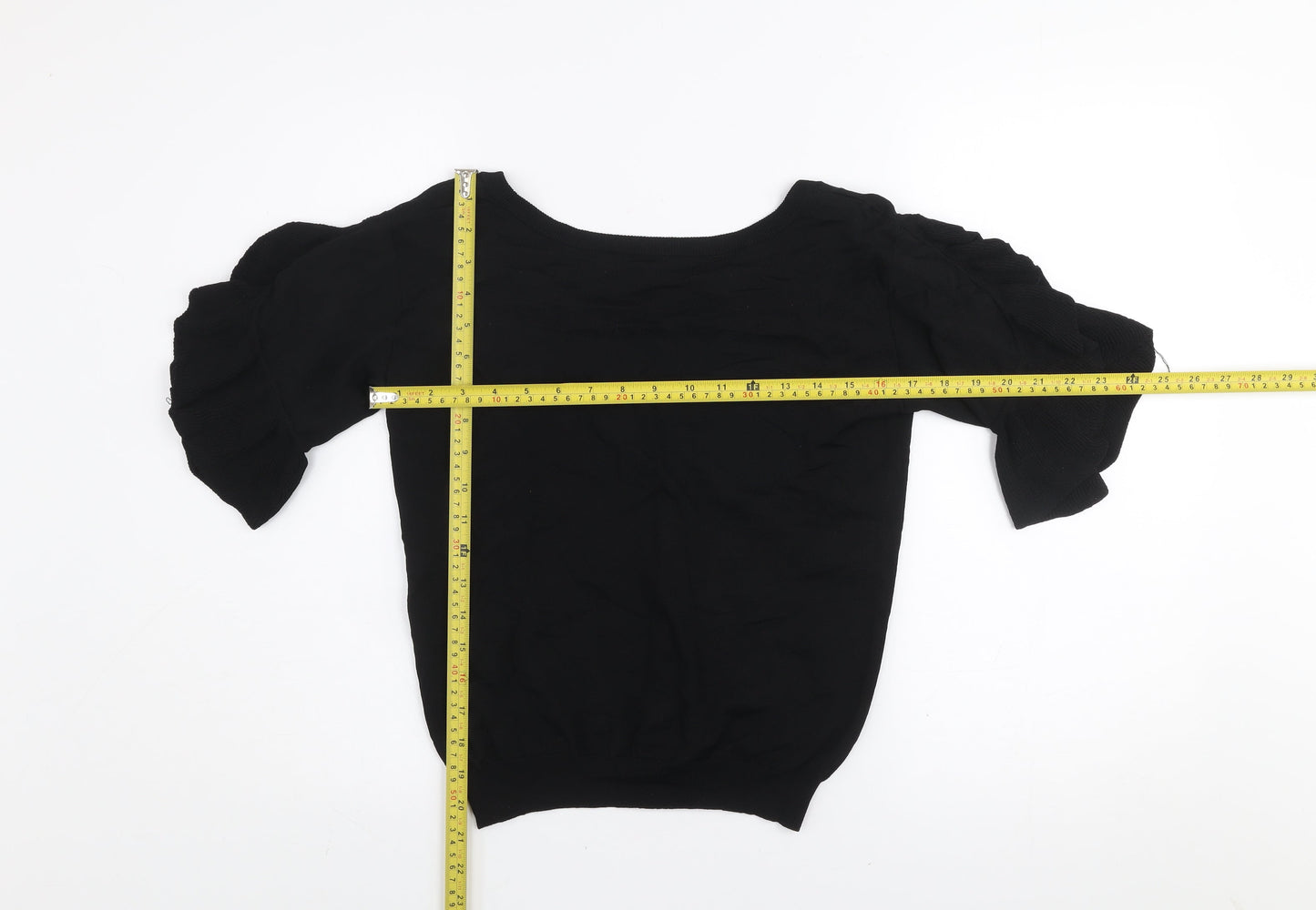Next Women's Black Ruffle Puff Sleeve Knit Blouse Size 8
