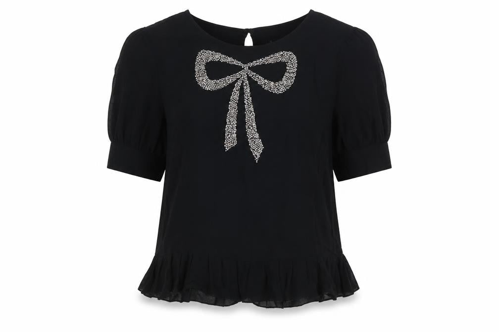 Next Women's Black Beaded Bow Short Sleeve Tunic Blouse Size 8