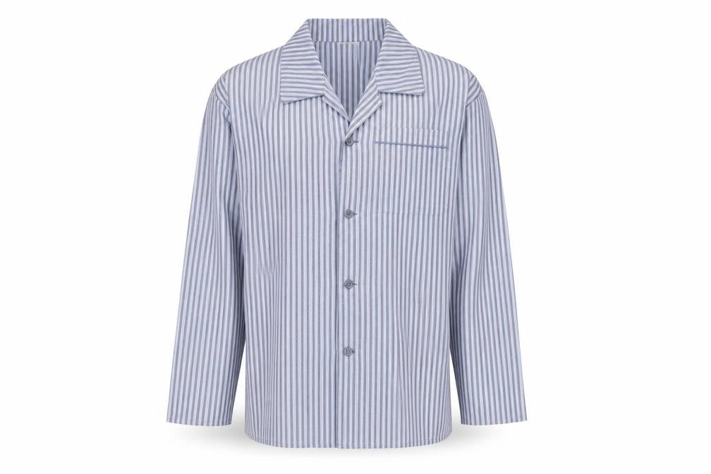 Front view of Dunnes Men's Blue Striped Cotton Long Sleeve Pyjama Top XL