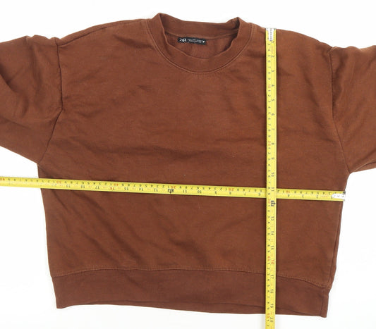 Zara Women Brown Pullover Sweatshirt Size L Crew Neck Cotton Blend
