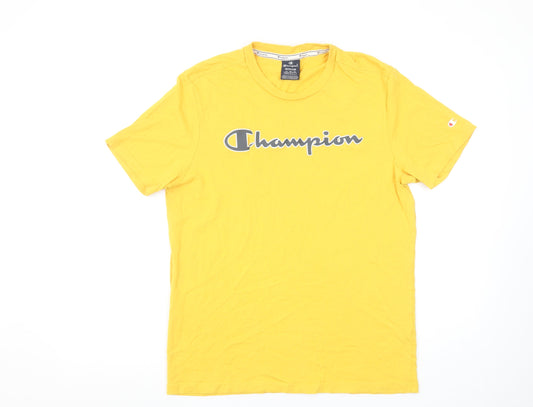 Champion Men's Yellow Crew Neck Short Sleeve Cotton T-Shirt Medium