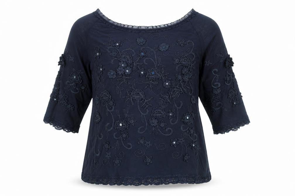 Jacques Vert Women's Navy Blue Embroidered Lace Tunic Blouse Size L