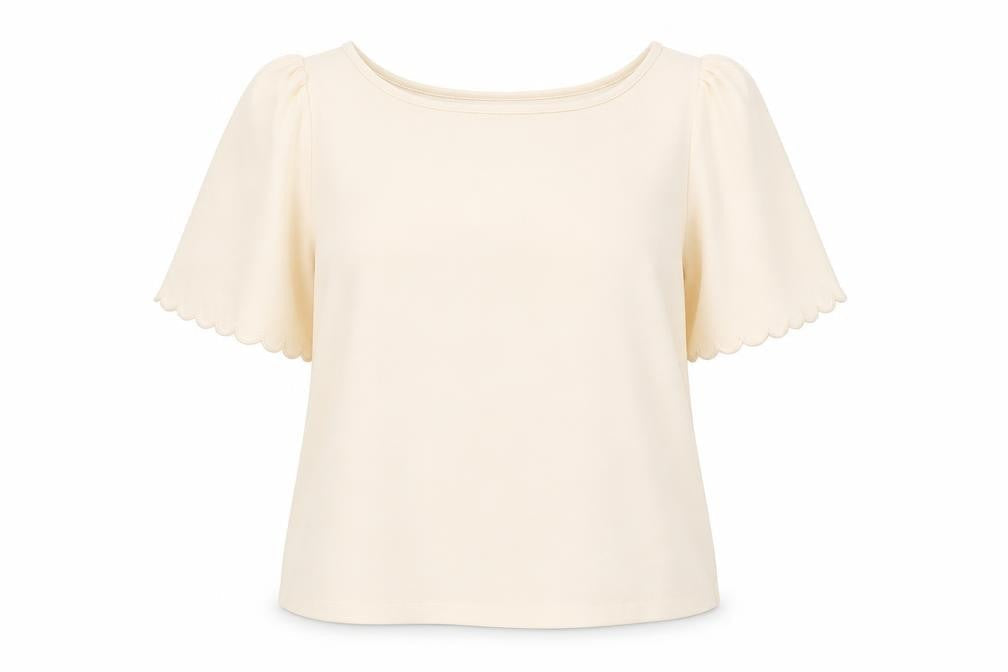 River Island Women's Beige Short Sleeve Scallop Edge Blouse Size 10