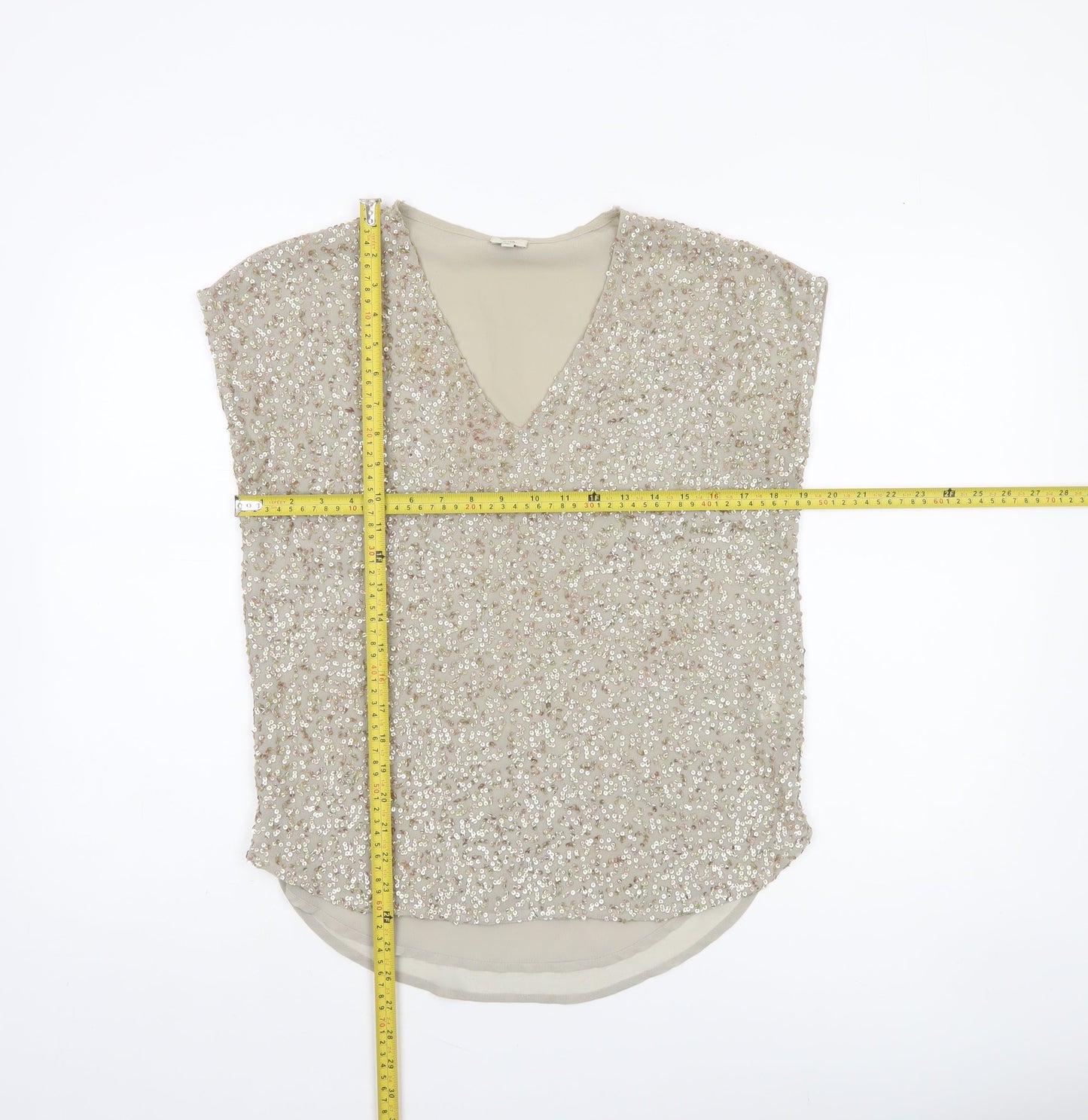 River Island Womens Beige Sequin V-Neck Tunic Blouse Size 8