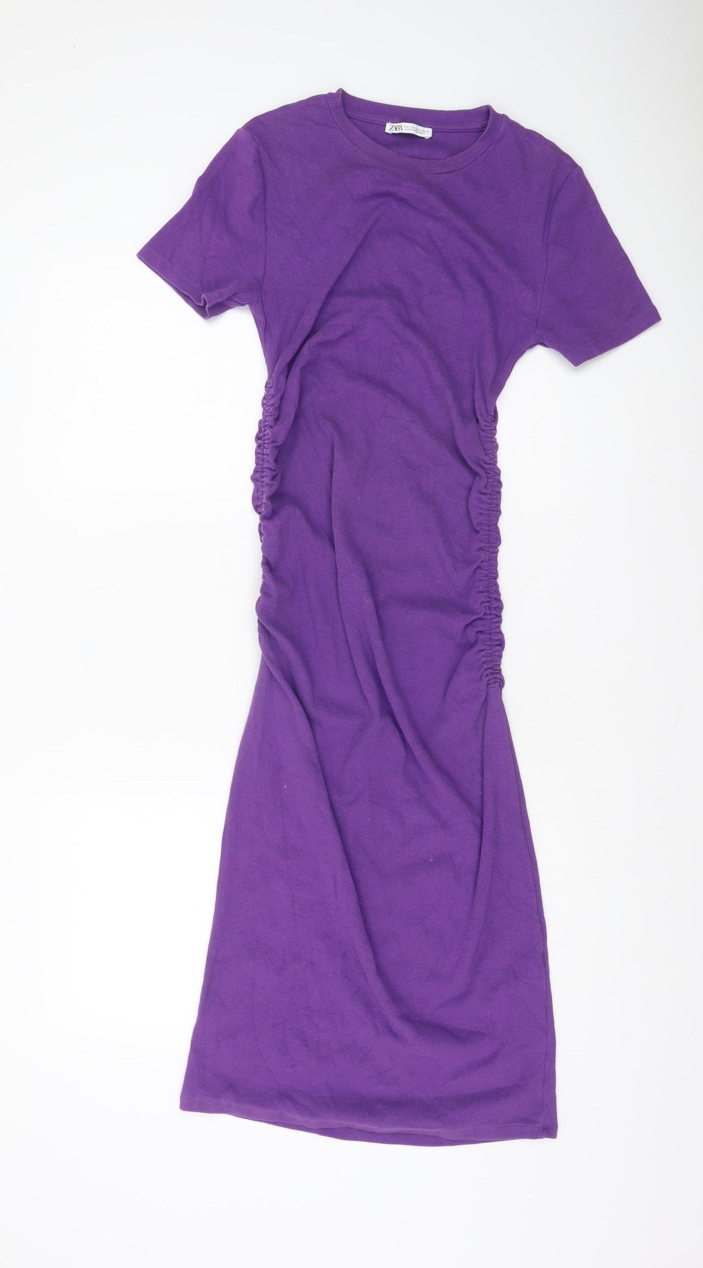 Zara Women Purple T-Shirt Dress L Short Sleeve Ruched Casual